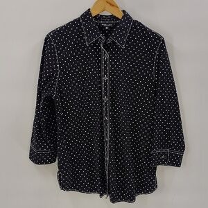 Foxcroft Button Down Top Size 12 Black White Polka Dot 3/4 Sleeve